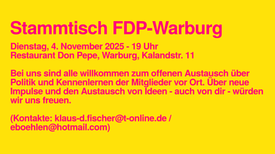 Stammtisch FDP Warburg am 4.11.2025 in Don Pepe um 19 Uhr